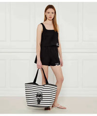 Geanta Ikon Print Stripe Shopper Black-White - Karl Lagerfeld