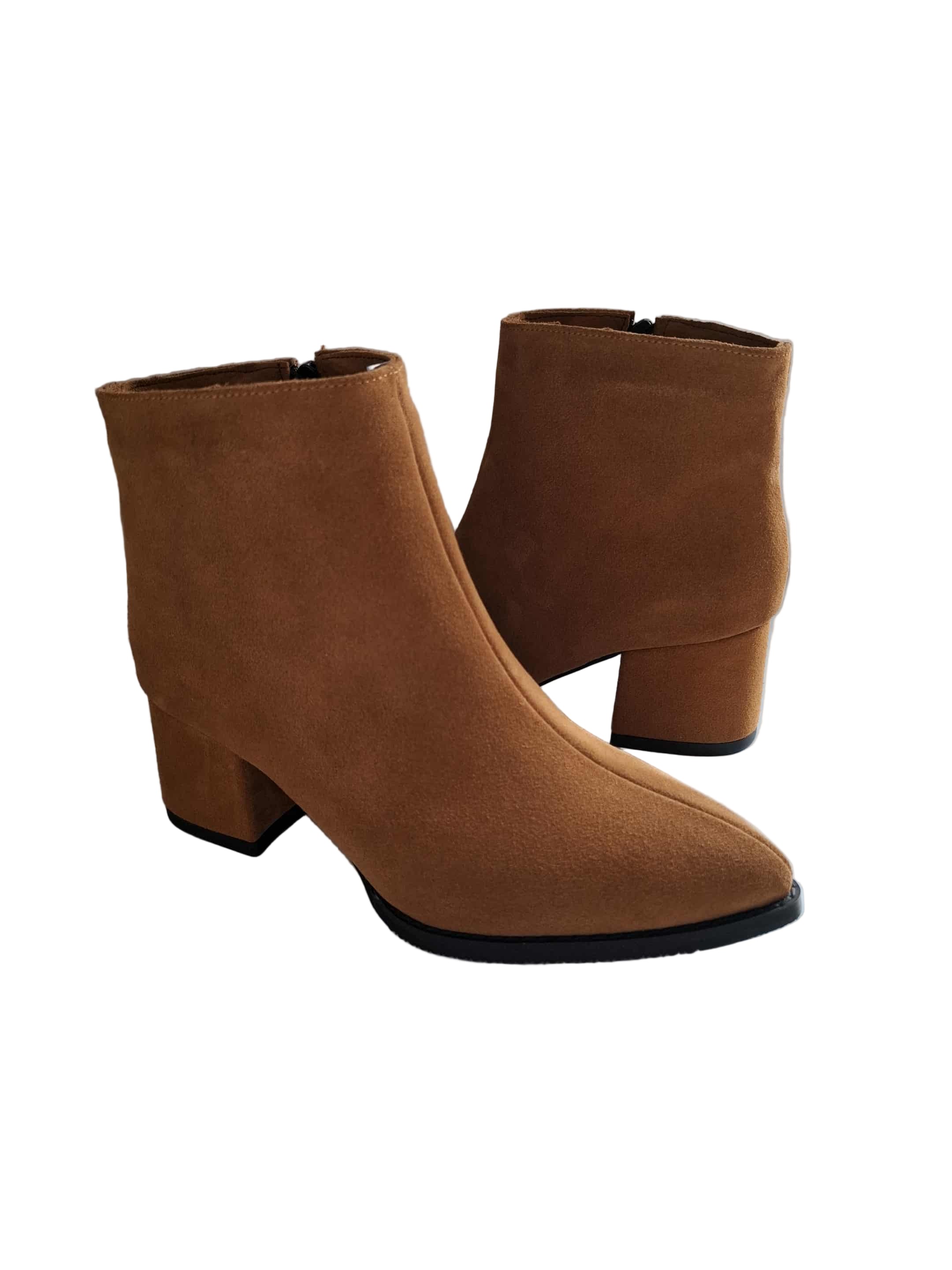 Botine Piele Naturala Savina Cognac Suede - Dolly Shoes