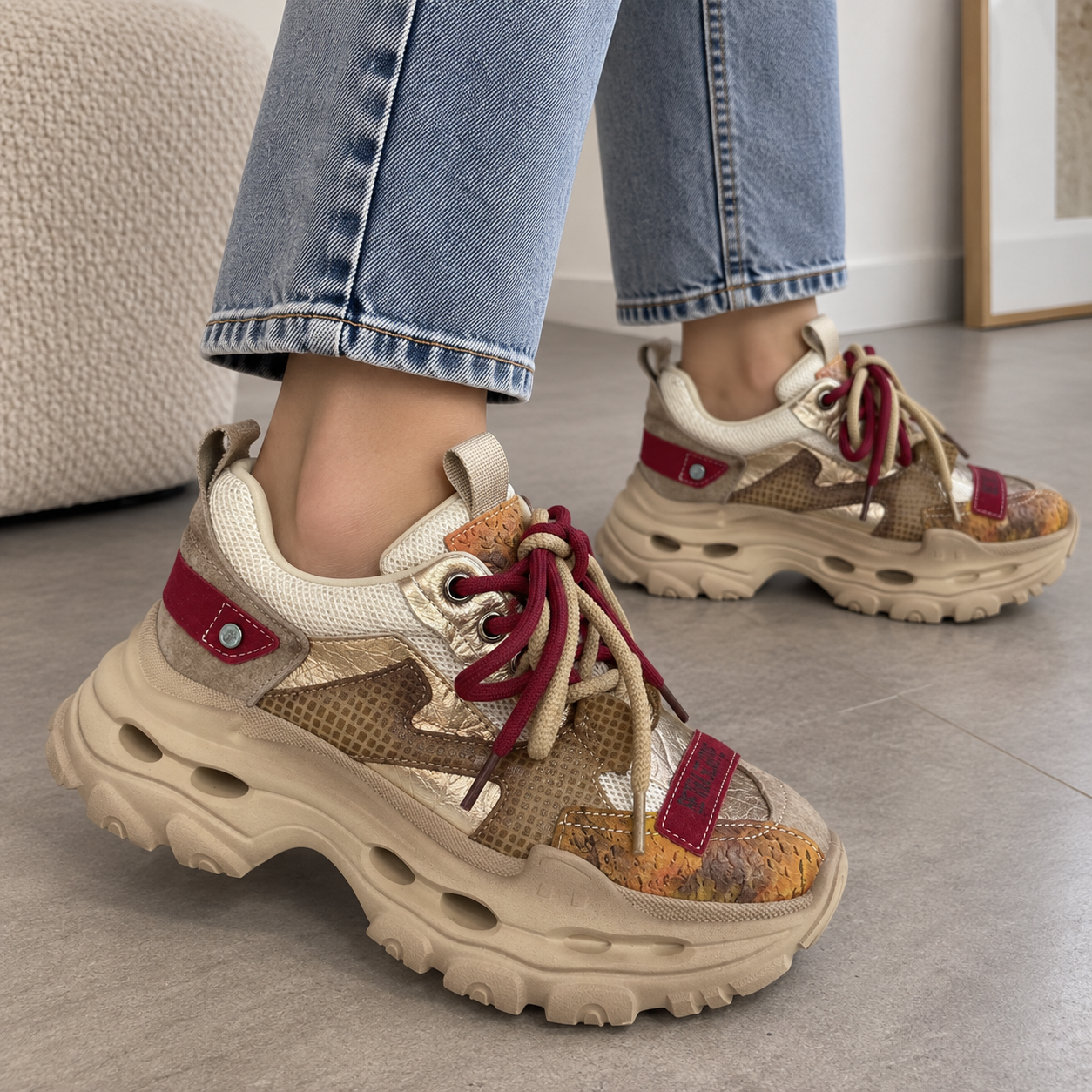 Sneakers Piele Naturala Y2928 Yellow/Red - Betina Scarpe