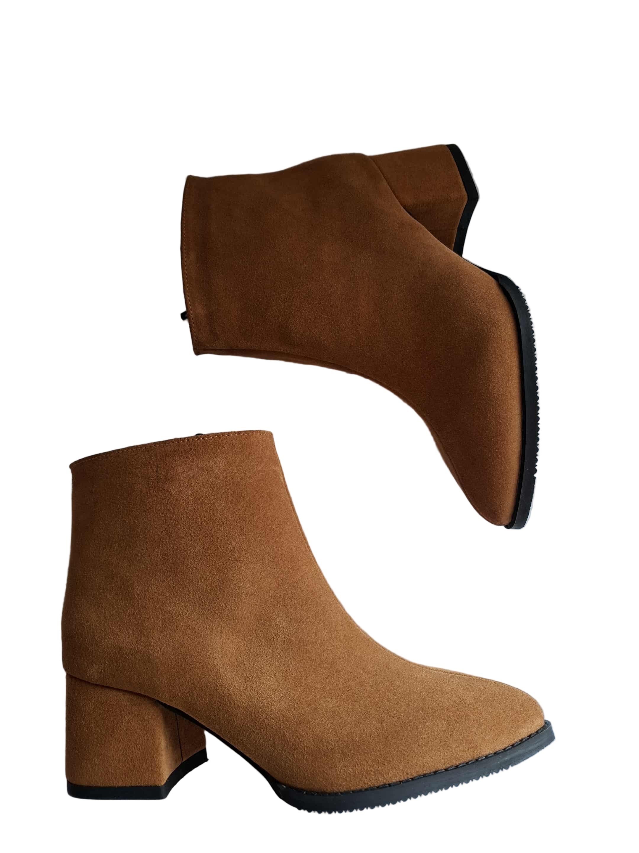 Botine Piele Naturala Savina Cognac Suede - Dolly Shoes