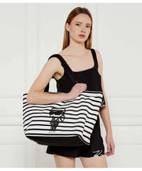 Geanta Ikon Print Stripe Shopper Black-White - Karl Lagerfeld